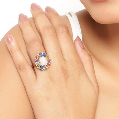 3.92 Carat Genuine Ethiopian Opal, Multi Sapphire and White Diamond .925 Sterling Silver Ring by Bids.com