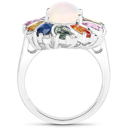 3.92 Carat Genuine Ethiopian Opal, Multi Sapphire and White Diamond .925 Sterling Silver Ring by Bids.com