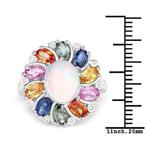 3.92 Carat Genuine Ethiopian Opal, Multi Sapphire and White Diamond .925 Sterling Silver Ring by Bids.com
