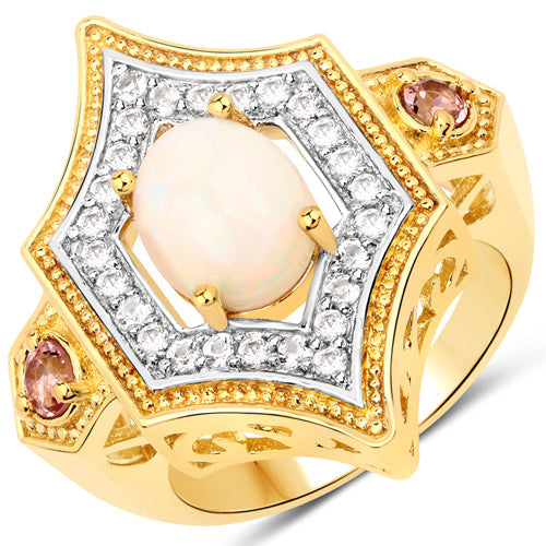 1.81 Carat Genuine Ethiopian Opal, Pink Tourmaline and White Topaz .925 Sterling Silver Ring by Bids.com