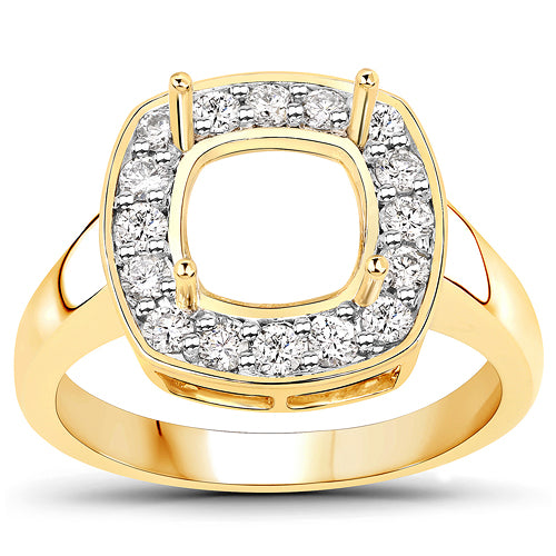 0.48 Carat Genuine White Diamond 14K Yellow Gold Semi Mount Ring - holds 8x8mm Cushion Gemstone by Bids.com