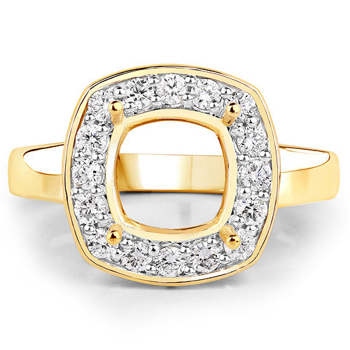 0.48 Carat Genuine White Diamond 14K Yellow Gold Semi Mount Ring - holds 8x8mm Cushion Gemstone by Bids.com