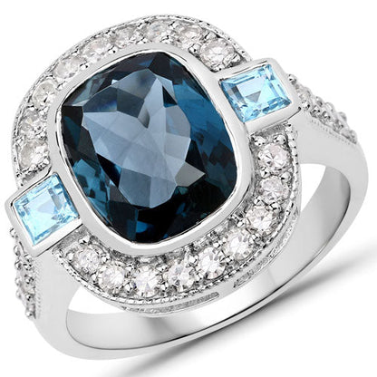 "5.27 Carat Genuine London Blue Topaz, Swiss Blue Topaz and White Diamond .925 Sterling Silver Ring by Bids.com