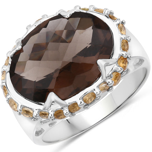 Two Tone Plated 9.58 Carat Genuine Smoky Quartz &amp; Citrine .925 Sterling Silver Ring  DestGlow