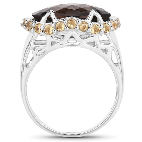Two Tone Plated 9.58 Carat Genuine Smoky Quartz &amp; Citrine .925 Sterling Silver Ring  DestGlow