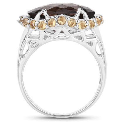 Two Tone Plated 9.58 Carat Genuine Smoky Quartz &amp; Citrine .925 Sterling Silver Ring  DestGlow