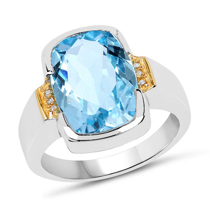 Two Tone Plated 6.93 Carat Genuine Blue Topaz &amp; White Topaz .925 Sterling Silver Ring  DestGlow
