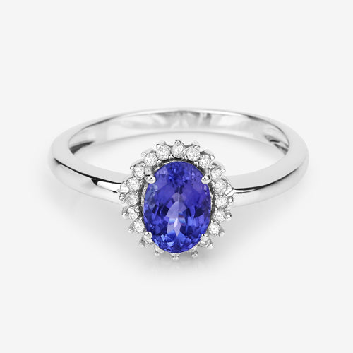 0.86 Carat Genuine Tanzanite and White Diamond 14K White Gold Ring  DestGlow