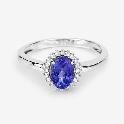 0.86 Carat Genuine Tanzanite and White Diamond 14K White Gold Ring  DestGlow