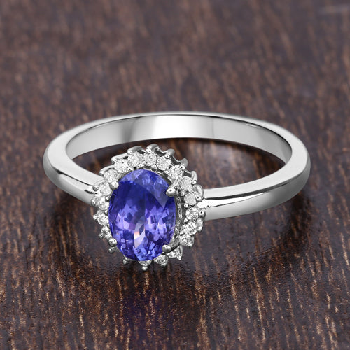 0.86 Carat Genuine Tanzanite and White Diamond 14K White Gold Ring  DestGlow