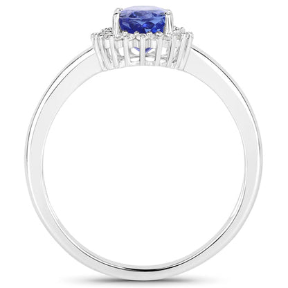 0.86 Carat Genuine Tanzanite and White Diamond 14K White Gold Ring  DestGlow