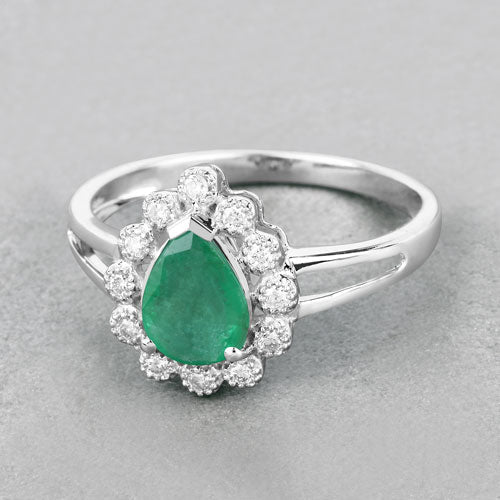1.22 Carat Genuine Zambian Emerald and White Diamond 10K White Gold Ring  DestGlow