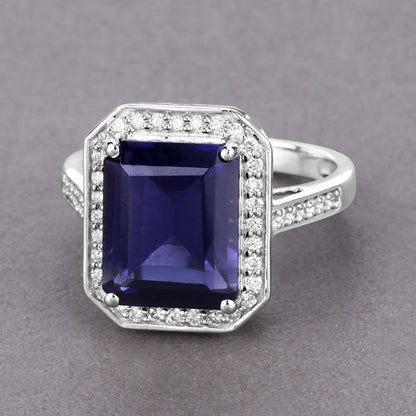 3.70 Carat Genuine Iolite and White Diamond 14K White Gold Ring by Bids.com