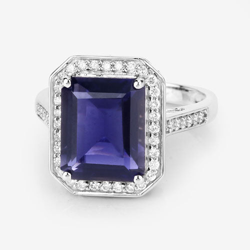 3.70 Carat Genuine Iolite and White Diamond 14K White Gold Ring by Bids.com