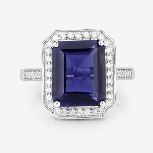 3.70 Carat Genuine Iolite and White Diamond 14K White Gold Ring by Bids.com