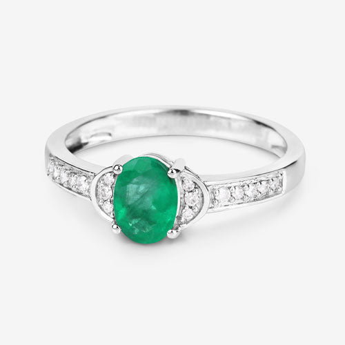 0.82 Carat Genuine Zambian Emerald and White Diamond 10K White Gold Ring  DestGlow