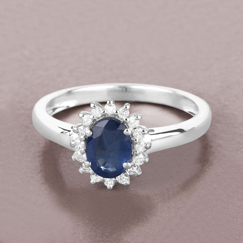 1.11 Carat Genuine Blue Sapphire and White Diamond 10K White Gold Ring  DestGlow