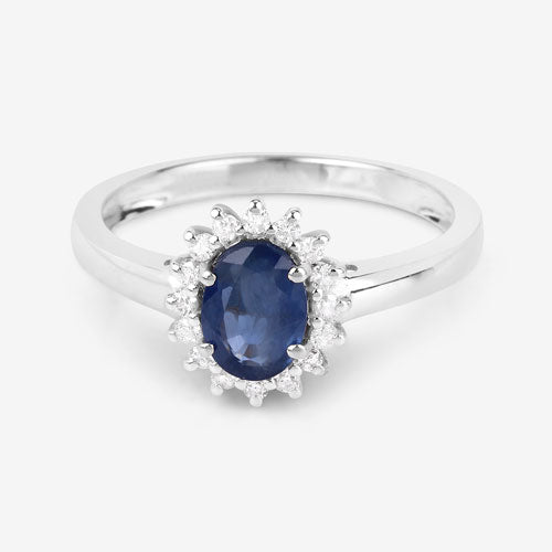 1.11 Carat Genuine Blue Sapphire and White Diamond 10K White Gold Ring  DestGlow