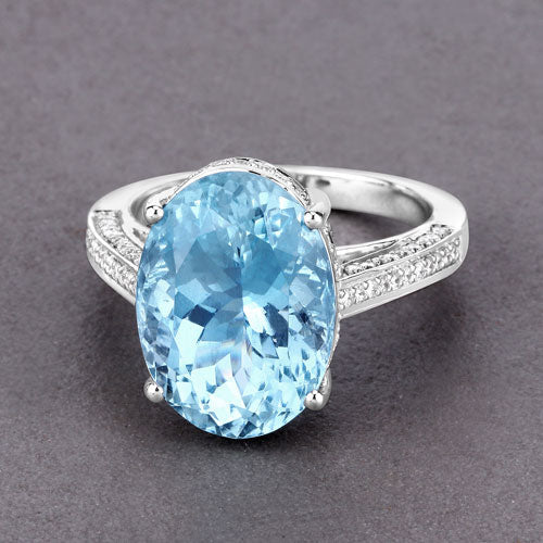 8.84 Carat Genuine Aquamarine and White Diamond 14K White Gold Ring by Bids.com