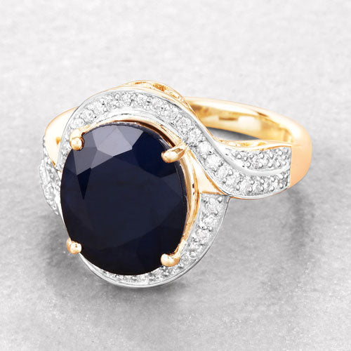 6.52 Carat Genuine Blue Sapphire and White Diamond 14K Yellow Gold Ring by Bids.com