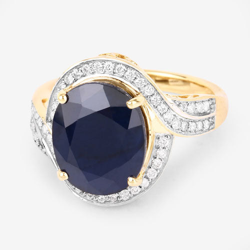 6.52 Carat Genuine Blue Sapphire and White Diamond 14K Yellow Gold Ring by Bids.com