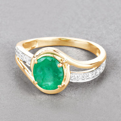 1.62 Carat Genuine Zambian Emerald and White Diamond 14K Yellow Gold Ring  DestGlow
