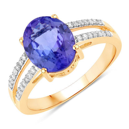 2.67 Carat Genuine Tanzanite and White Diamond 14K Yellow Gold Ring  DestGlow