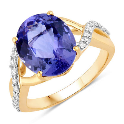 5.19 Carat Genuine Tanzanite and White Diamond 14K Yellow Gold Ring  DestGlow