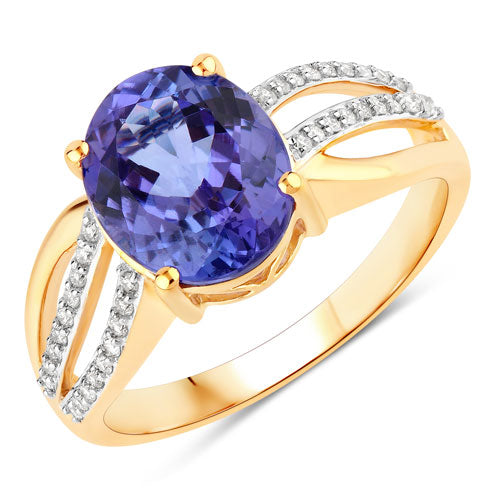 3.26 Carat Genuine Tanzanite and White Diamond 14K Yellow Gold Ring  DestGlow