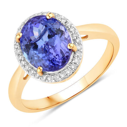 3.43 Carat Genuine Tanzanite and White Diamond 14K Yellow Gold Ring  DestGlow