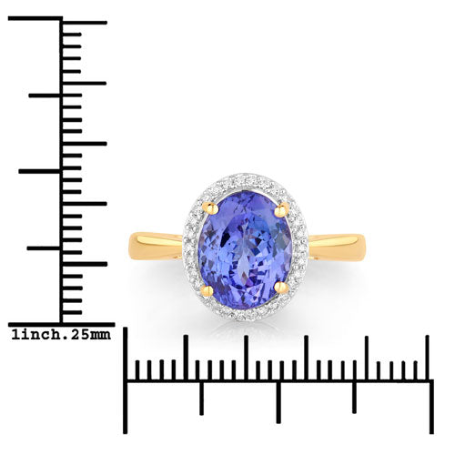 3.43 Carat Genuine Tanzanite and White Diamond 14K Yellow Gold Ring  DestGlow