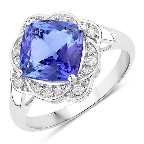 3.51 Carat Genuine Tanzanite and White Diamond 14K White Gold Ring  DestGlow