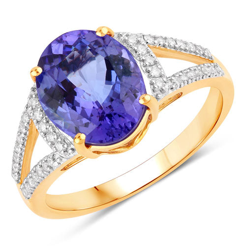 3.49 Carat Genuine Tanzanite and White Diamond 14K Yellow Gold Ring  DestGlow