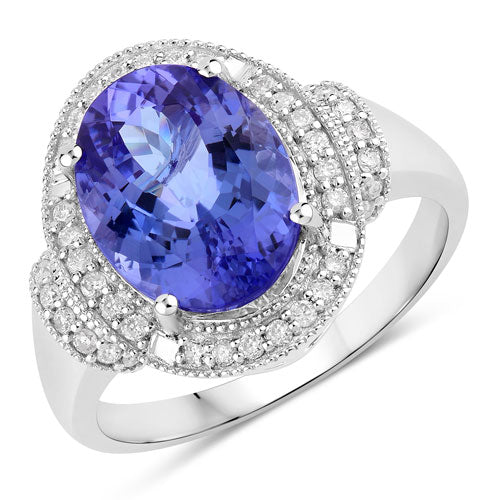 4.31 Carat Genuine Tanzanite and White Diamond 14K White Gold Ring  DestGlow