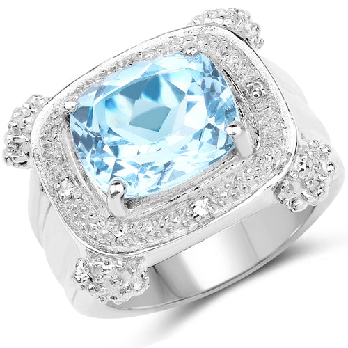 4.90 Carat Genuine Blue Topaz &amp; White Topaz .925 Sterling Silver Ring  DestGlow