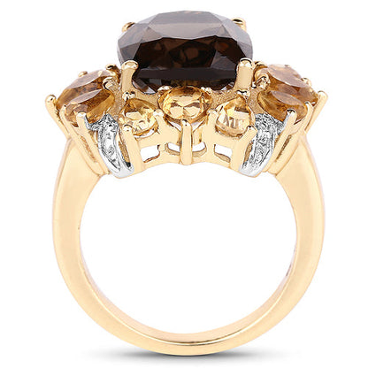 14K Yellow Gold Plated 7.10 Carat Genuine Smoky Quartz, Citrine &amp; White Topaz Brass Ring by Bids.com