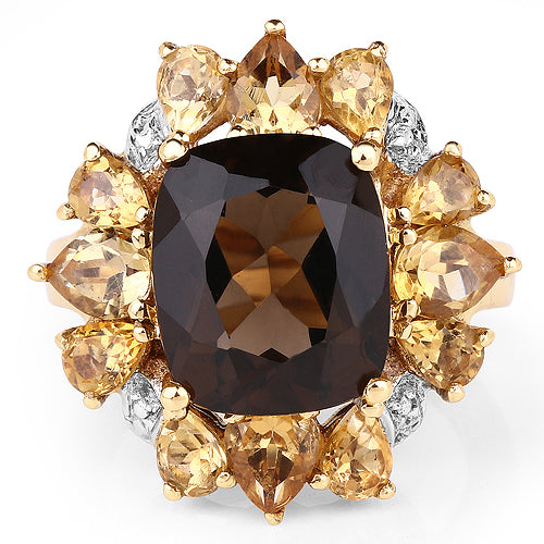 14K Yellow Gold Plated 7.10 Carat Genuine Smoky Quartz, Citrine &amp; White Topaz Brass Ring by Bids.com