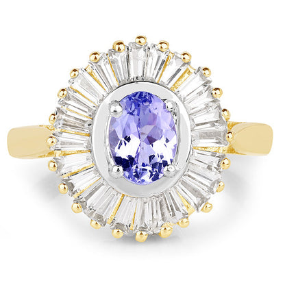 14K Yellow Gold Plated 2.16 Carat Genuine Tanzanite &amp; White Topaz .925 Sterling Silver Ring by Bids.com
