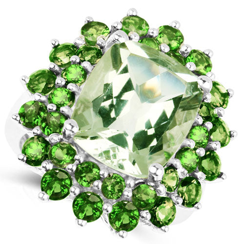 9.89 Carat Genuine Green Amethyst and Chrome Diopside .925 Sterling Silver Ring  DestGlow