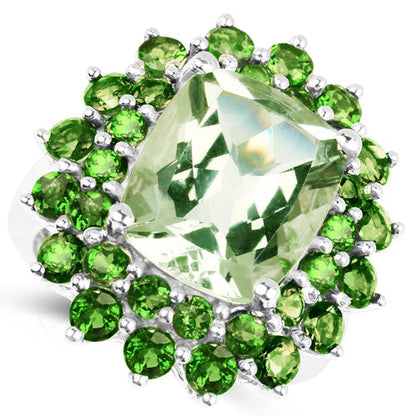 9.89 Carat Genuine Green Amethyst and Chrome Diopside .925 Sterling Silver Ring  DestGlow