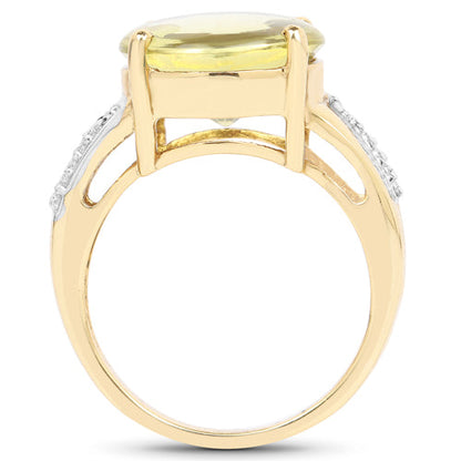 14K Yellow Gold Plated 9.26 Carat Genuine Lemon Topaz Buff Top and White Diamond Brass Ring by Bids.com
