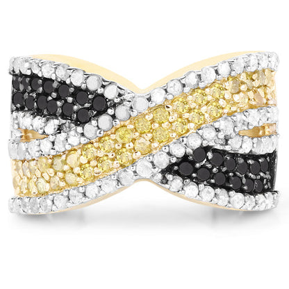 14K Yellow Gold Plated 1.58 Carat Genuine Black Diamond, White Diamond &amp; Yellow Diamond .925 Sterling Silver Ring by Bids.com
