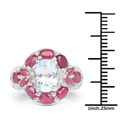 3.54 Carat Genuine Aquamarine, Ruby and White Topaz .925 Sterling Silver Ring by Bids.com
