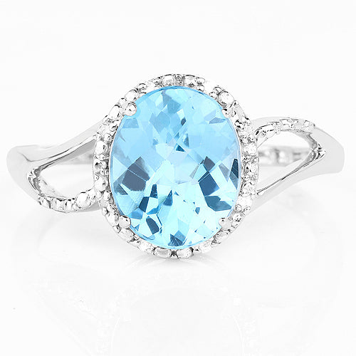 3.29 Carat Genuine Swiss Blue Topaz and White Diamond 10K White Gold Ring  DestGlow