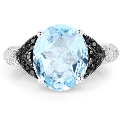 5.37 Carat Genuine Swiss Blue Topaz, Black Diamond &amp; White Topaz .925 Sterling Silver Ring by Bids.com
