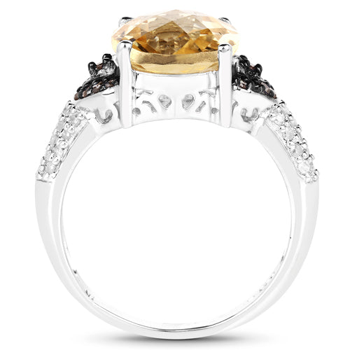 4.65 Carat Genuine Citrine, Champagne Diamond &amp; White Diamond .925 Sterling Silver Ring by Bids.com