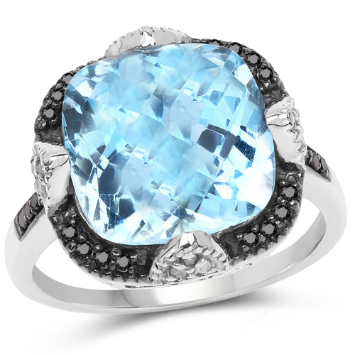 8.29 Carat Genuine Swiss Blue Topaz, Black Diamond &amp; White Diamond .925 Sterling Silver Ring by Bids.com