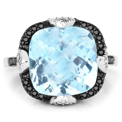 8.29 Carat Genuine Swiss Blue Topaz, Black Diamond &amp; White Diamond .925 Sterling Silver Ring by Bids.com