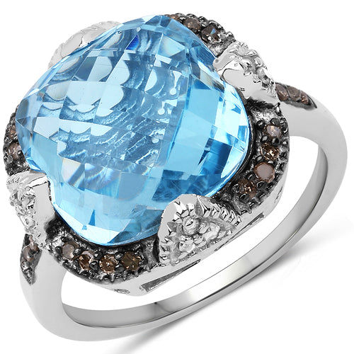 8.29 Carat Genuine Swiss Blue Topaz, Champagne Diamond and White Diamond .925 Sterling Silver Ring by Bids.com