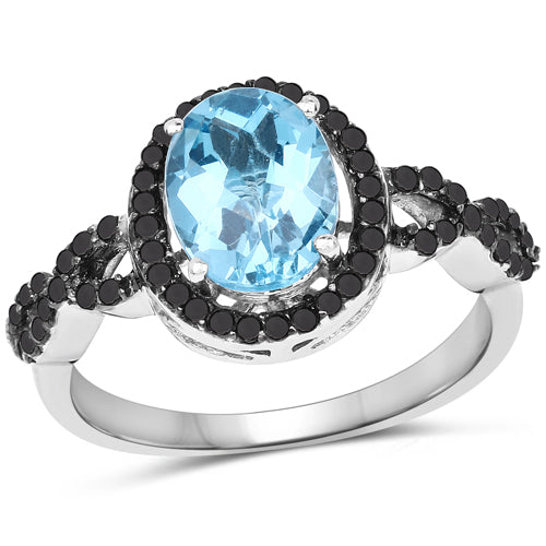 2.92 Carat Genuine Blue Topaz, Black Diamond &amp; White Diamond .925 Sterling Silver Ring by Bids.com